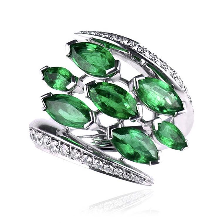Shaun Leane Aerial white diamond and emerald ring in white gold set with Gemfields emeralds and pavé diamonds. £14,750.